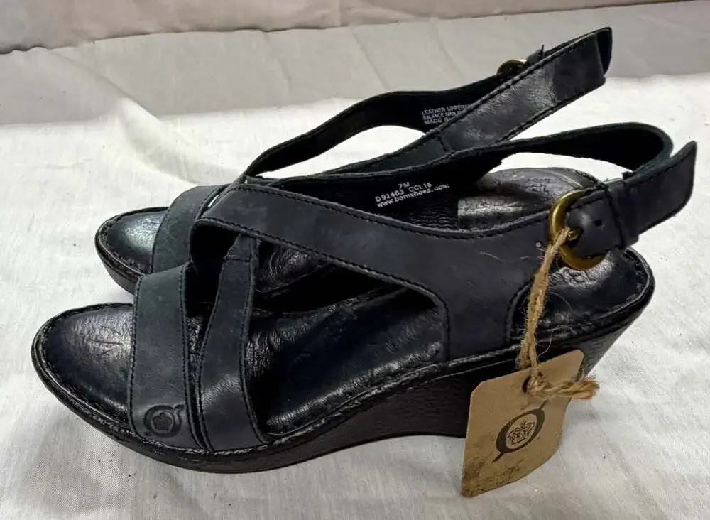 Born Black Leather Idella Strappy Slingback Wedge Sandals